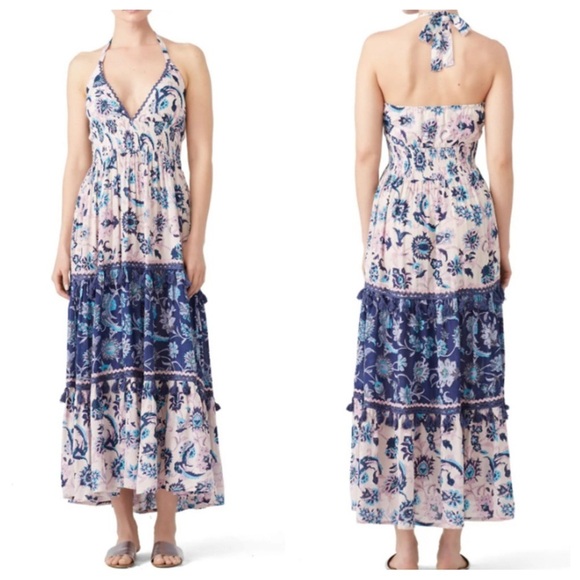 Raga Waiola Halter Maxi Dress Size small Floral Tiered Tassel Smocked V-Neck - Picture 1 of 9